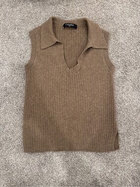 CAARA 100% Cashmere Ribbed Sleeveless Sweater Vest | Camel | XS